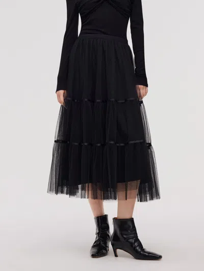 Goelia Mesh Tiered Women Elastic Waist Skirt In Black
