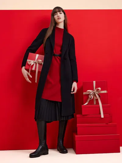 Goelia Mock Neck Long Sweater And Wool Pleated Skirt Two-piece Set In Red