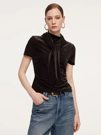 Goelia Mock Neck Ruched Women Knit Top With Triangle Scarf In Brown