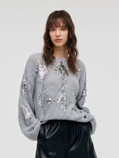 Goelia Mohair Argyle Sequins Pullover Women Sweater In Gray