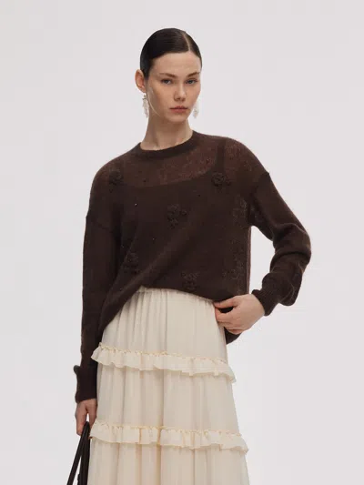 Goelia Mohair Wool Blend Women Hand-crocheted Floral Sweater In Brown