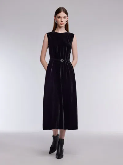 Goelia Mulberry Silk Blend Velvet Women Sleeveless Maxi Dress With Belt In Black