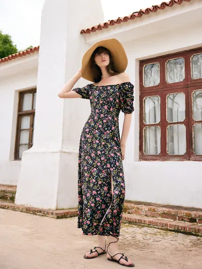 Goelia Mulberry Silk Rose Print Women Maxi Dress In Multi