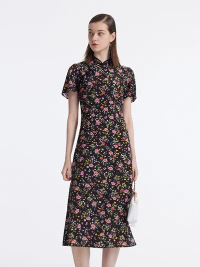 Goelia Mulberry Silk Slit Rose Print Women Qipao Midi Dress In Multi