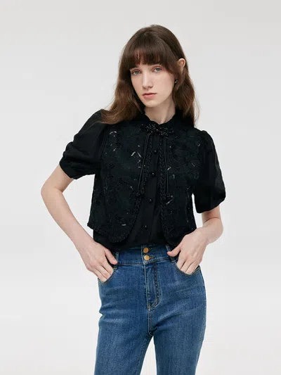 Goelia New Chinese-style Lace Sequins Patchwork Women Blouse In Black