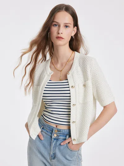 Goelia Openwork Round Neck Knitted Women Cardigan In White