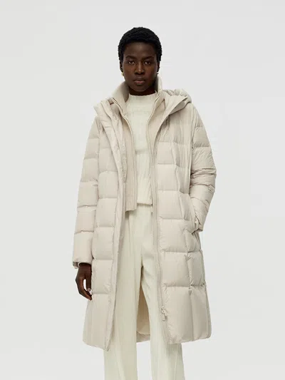 Goelia Patchwork Hooded Long Goose Down Coat In White
