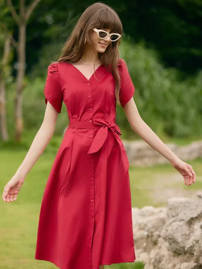 Goelia Petal Sleeves Gathered Waist V-neck Women Midi Dress With Belt In Red