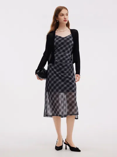 Goelia Plaid Adjustable Straps Slip Midi Dress And Cardigan Two-piece Set In Black