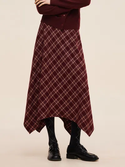 Goelia Plaid Asymmetrical Hem Women Skirt With Triangle Scarf In Burgundy