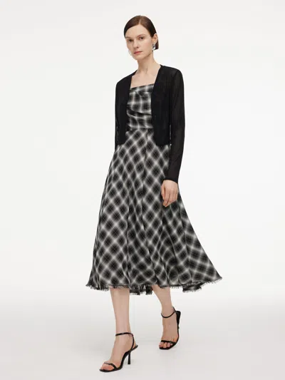 Goelia Plaid Fringed Hem Strap Dress And Cardigan Two-piece Set In Black And White Check