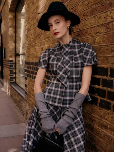 Goelia Plaid Ribbon Tie Women Flare Hem Top In Multi