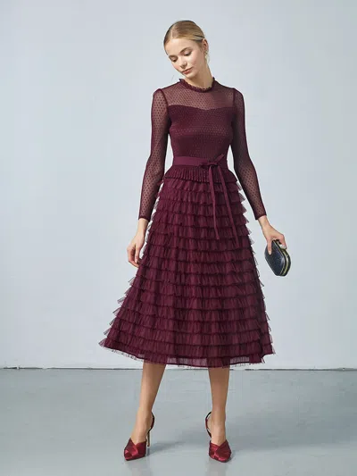 Goelia Pleated Tiered Sheer Sleeve Cake Midi Dress In Burgundy