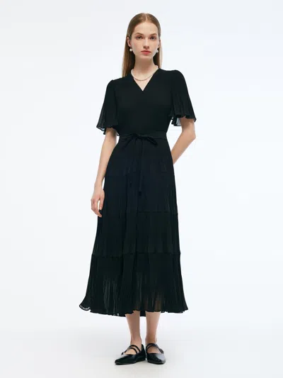 Goelia Pleated V-neck Women A-line Tie Belt Maxi Dress In Black