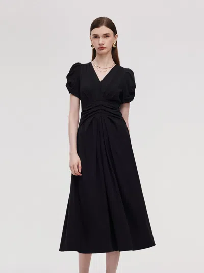 Goelia Pleated V-neck Women Knit Maxi Dress In Black