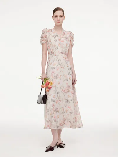 Goelia Pre-order 10mm Mulberry Silk Floral Print Women V-neck Maxi Dress In Pink Rose Garden Print