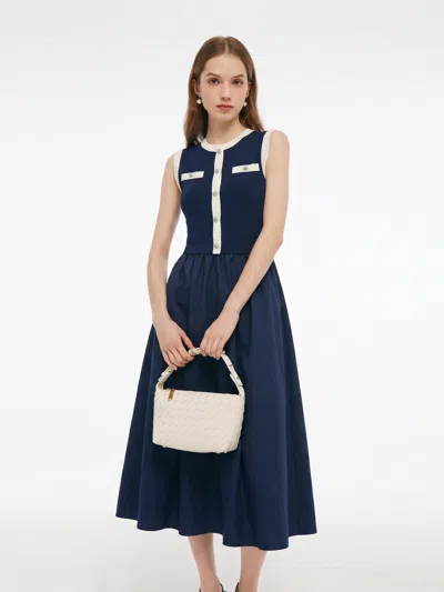 Goelia Pre-order Lyocell Blend Contrast Trim Women Patchwork Sleeveless Maxi Dress In Blue
