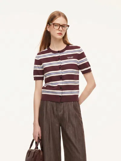 Goelia Pre-order Tencel Blend Multicolored Stripe Letter Embroidered Women Cardigan In Brown