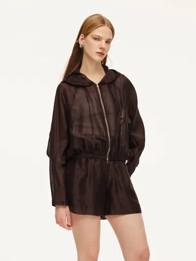 Goelia Pre-order Tencel Linen Blend Women Sheer Hooded Jacket In Brown