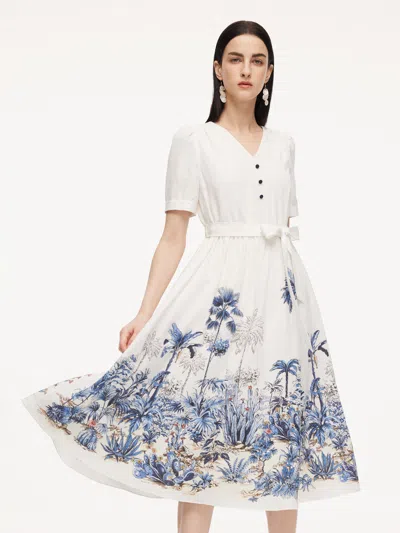 Goelia Pre-order Tencel Linen Floral Print Women V-neck Midi Dress With Self-tie Belt In Multi