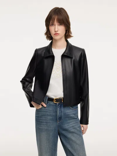 Goelia Pu Leather Embroidered Trim Women Cropped Jacket In Black