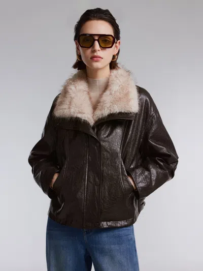 Goelia Pu Leather Goose Down Jacket With Detachable Faux Fur Collar In Brown