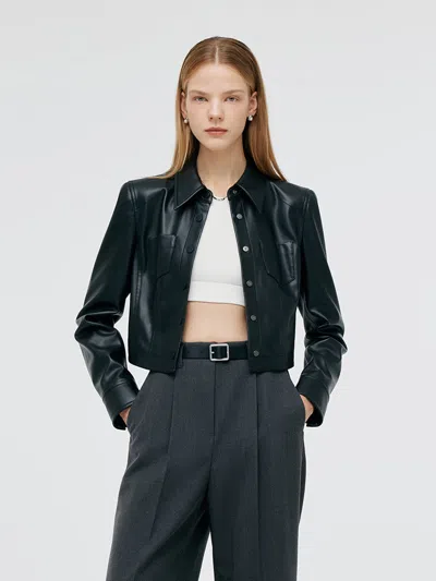 Goelia Pu Leather Lapel Double-breasted Women Jacket In Black