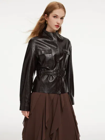 Goelia Pu Leather Stand Collar Wind-proof Women Belted Jacket In Black