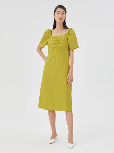 Goelia Puff Sleeve Gathered Pleated Midi Dress In Yellow