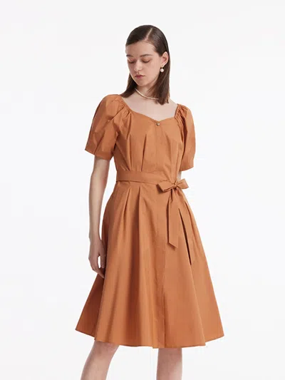 Goelia Puff Sleeves Square Neck Women Midi Dress With Belt In Brown