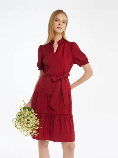 Goelia Puff Sleeves Tiered Women Mini Dress With Belt In Red