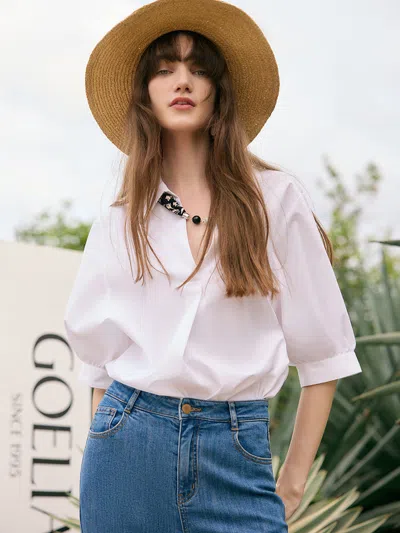 Goelia Puff Sleeves V-neck Women Shirt With Silk Scarf In White