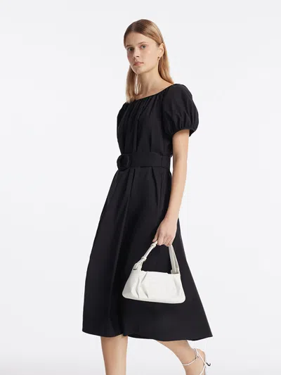 Goelia Puff Sleeves Women Midi Dress With Belt In Black