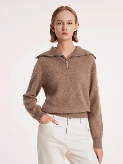 Goelia Pure Cashmere Zippered Lapel Women Sweater In Brown