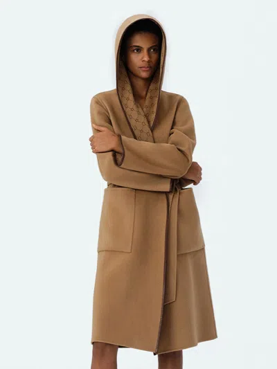 Goelia Pure Wool Reversible Hooded Print Women Coat In Brown