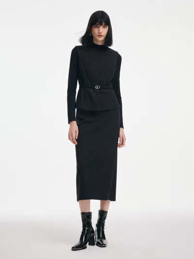Goelia Rhinestone Vest & Knit Top & Skirt Three-piece Set With Belt In Black