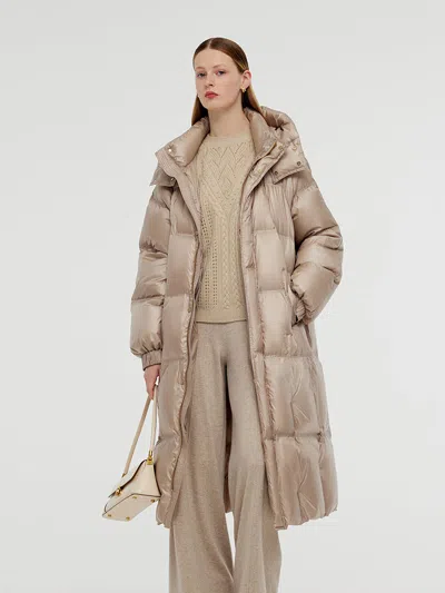 Goelia Rose Gold Unisex Hooded Long Goose Down Coat In Brown
