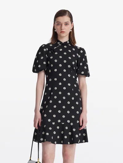 Goelia Rose Print Puff Sleeves Women Qipao Mini Dress In Black