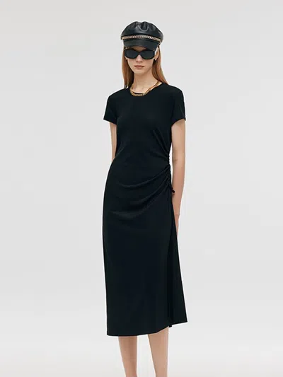 Goelia Round Neck Drawstring Waist Women Midi Dress In Black