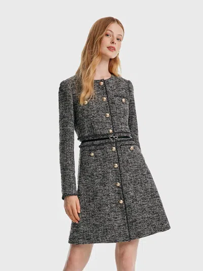 Goelia Round Neck Tweed Dress With Belt In Black