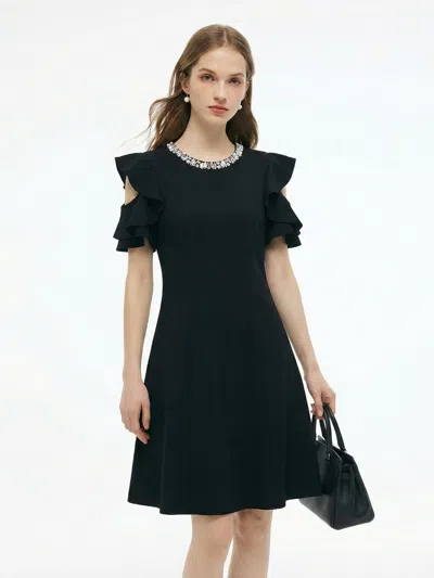 Goelia Ruffle Cold Shoulder Women Knit Mini Dress In Black