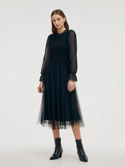 Goelia Ruffle Collar Tulle Women Midi Dress In Black