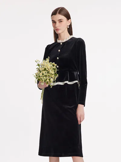 Goelia Ruffle Collar Velvet Women Midi Dress In Black