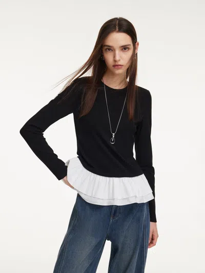 Goelia Ruffle Hem Long Sleeve Women Knit T-shirt In Black