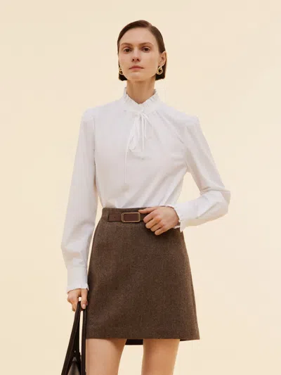 Goelia Ruffle Neckline Women Puff Long Sleeve Blouse In White