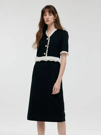 Goelia Ruffle Patchwork Women Midi Dress In Black