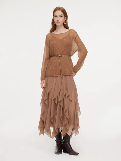 Goelia Sequins Knit Top And Strap Cascading Ruffle Dress Belted Two-piece Set In Coffee Brown
