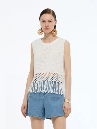 Goelia Sequins Tassel Hem Women Openwork Knit Tank Top In White