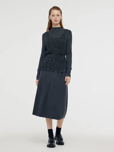 Goelia Sequins Vest And Mock Neck Midi Dress Two-piece Set With Belt In Gray