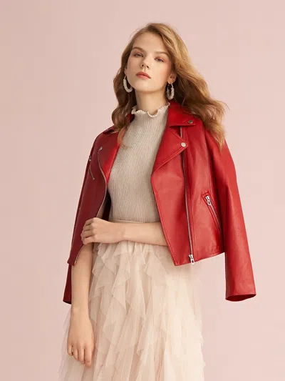 Goelia Sheepskin Lapel Crop Women Jacket For Dresses In Red